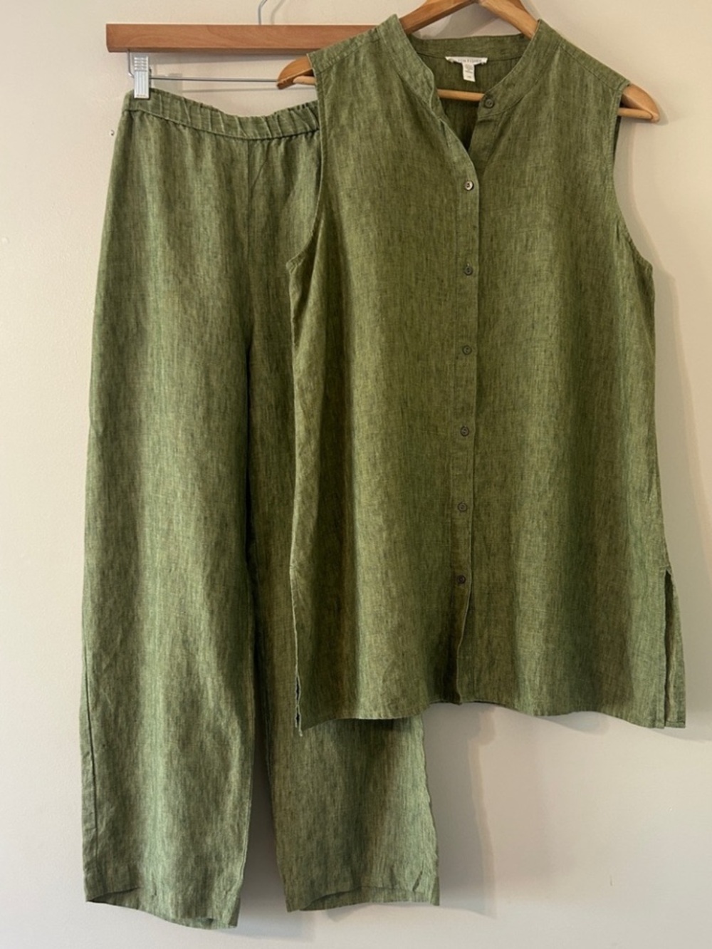 Eileen Fisher Large Sleeveless Tunic Top & Pant Set 100% Linen Elastic Waist